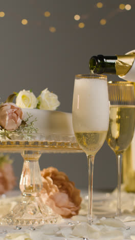 Hochzeitstorte-Mit-Gläsern-Champagner,-Die-Vor-Grauem-Studiohintergrund-Bei-Der-Hochzeitsfeier-Eingeschenkt-Werden-1